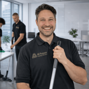 Professional commercial cleaners working inside an office environment