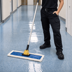 Commercial strip and wax floor service in progress on VCT tile, showing fresh wax application and professional floor care equipment.