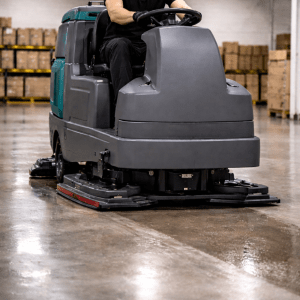 Industrial ride-on floor scrubber cleaning warehouse floors to remove dirt, residue, and spills.