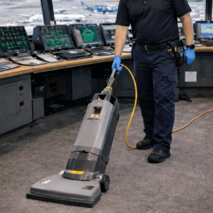 cleaner is vacumming carpet floor