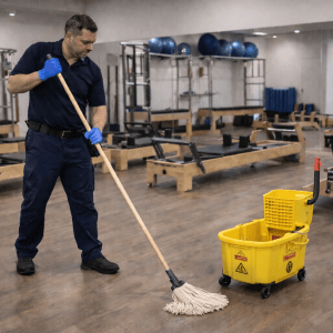 apcs floor tech cleanong the floor in a pilates studio