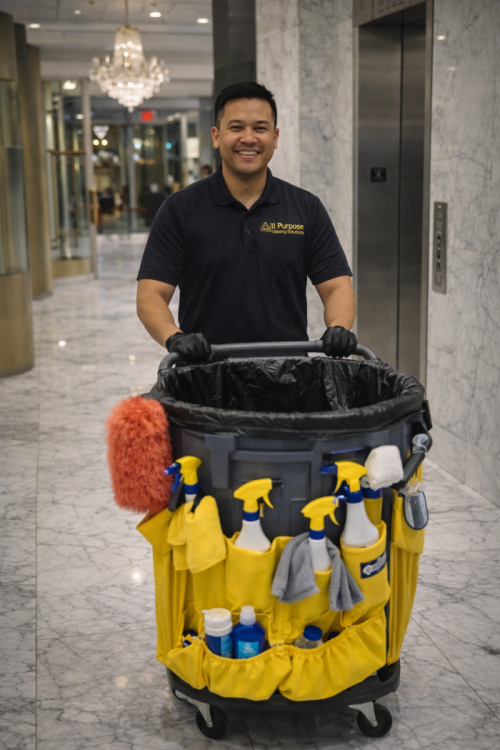 Commercial cleaner pushing a janitorial supply cart inside a managed property